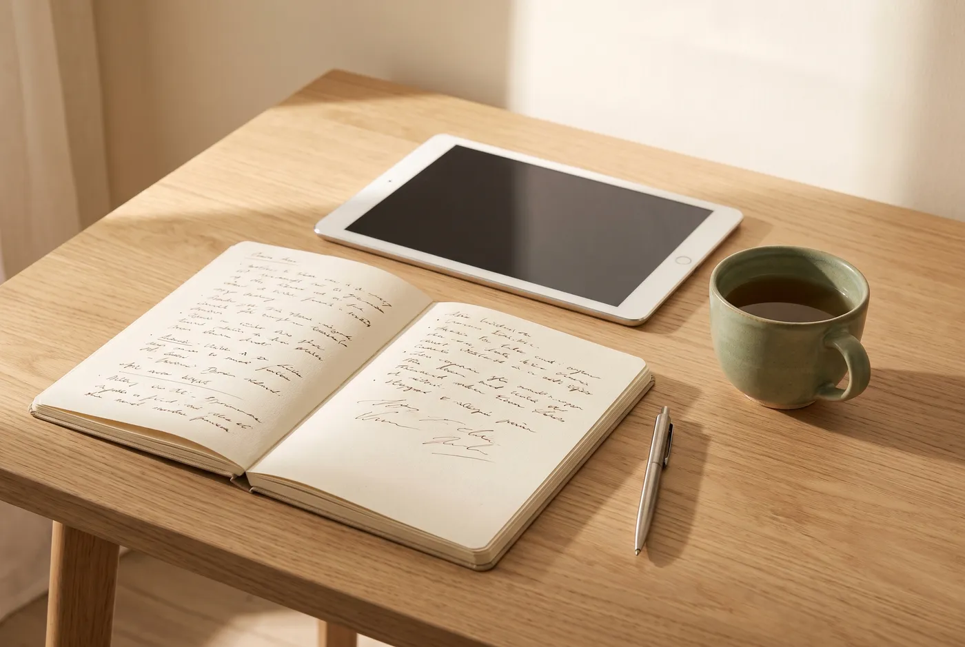 Aufgeräumter Schreibtisch mit Notizbuch, Tablet und einer Tasse Tee